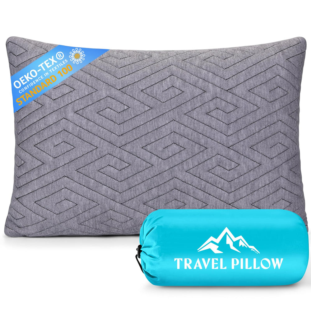 1 MIDDLE ONE front view showing compact pillow and travel bag, comfortable support