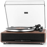 1byone front view of turntable showing speakers and elegant finish for instant listening