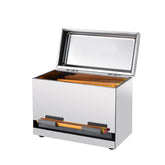 2Fold front view of stainless steel dispenser showing capacity and tidy design benefit