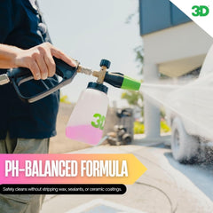 3D pink car soap producing dense foam from a foam gun for safer washes