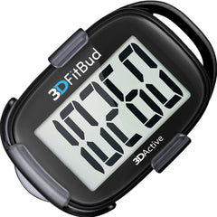 3DActive 3DFitBud front view showing black pedometer and clip for easy steps tracking