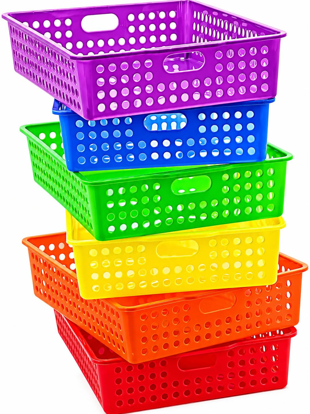 4E's Novelty front view of six colorful bins showing classroom-ready organization