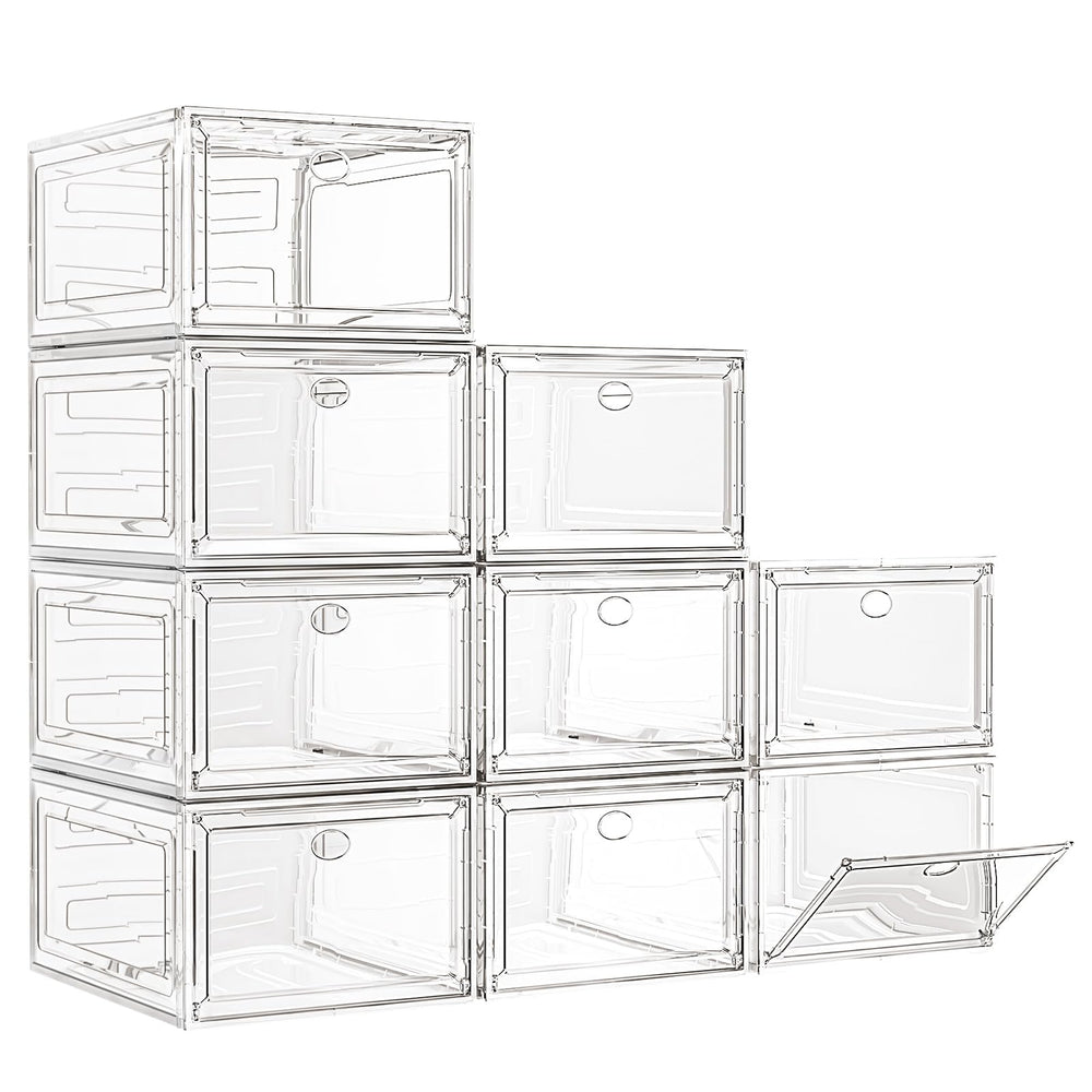 7 code front view of nine clear shoe boxes showing neat, visible storage