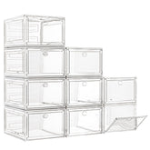 7 code front view of nine clear shoe boxes showing neat, visible storage