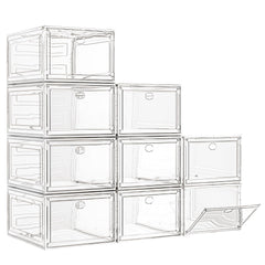 7 code front view of nine clear shoe boxes showing neat, visible storage