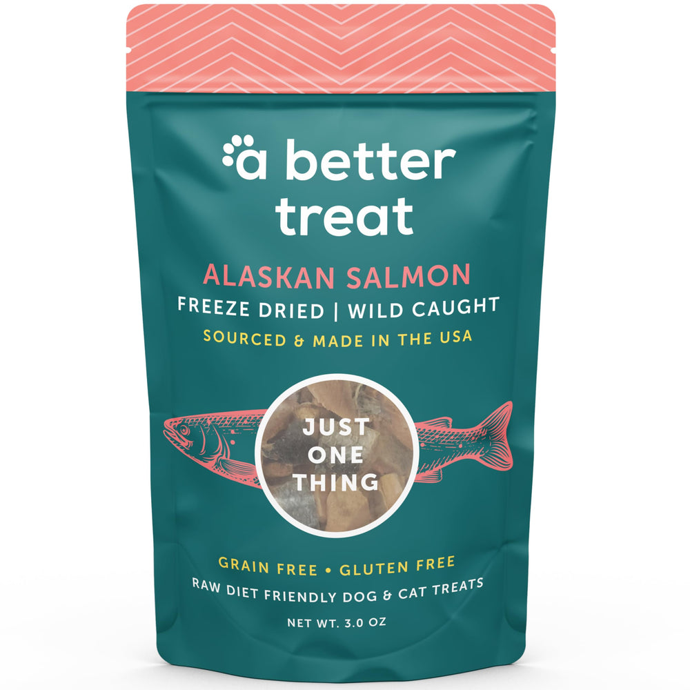 A Better Treat front packaging showing wild-caught salmon, highlights purity and convenience