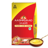 Aashirvaad Svasti ghee front packaging showing brand and jar benefits