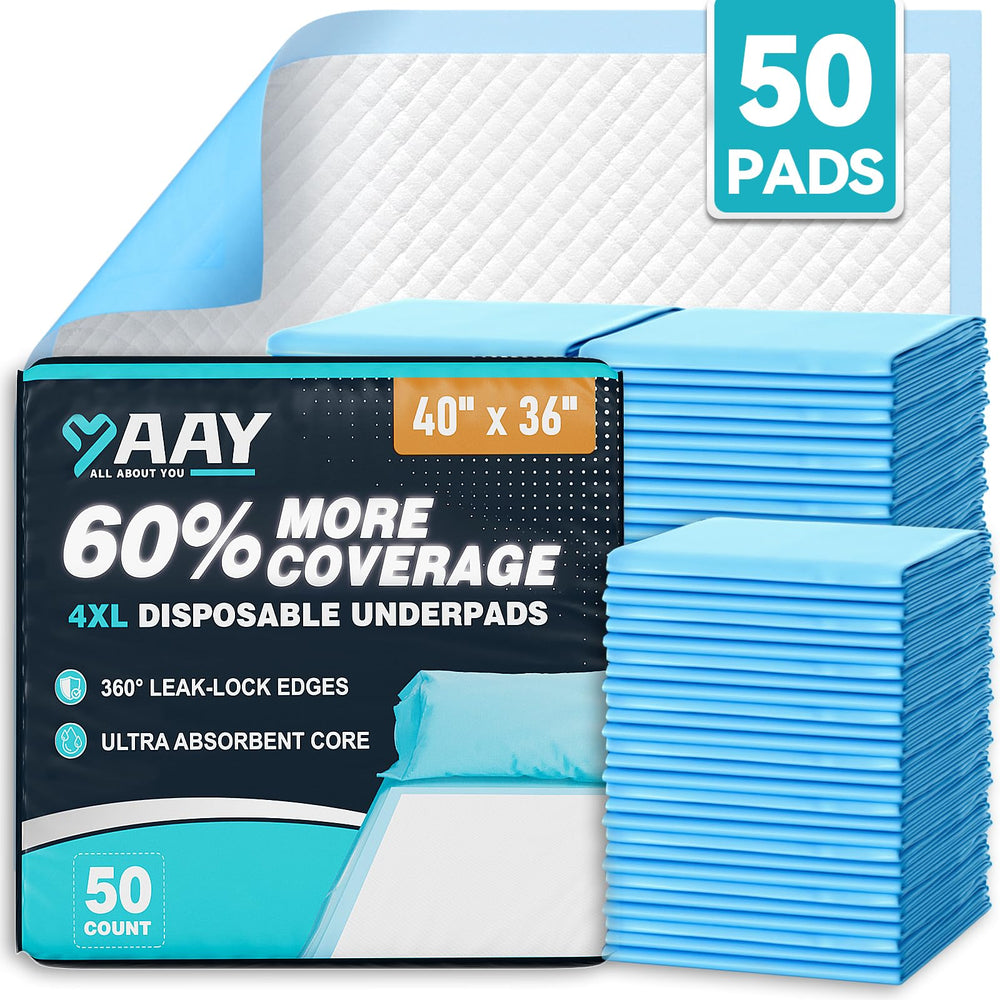 AAY front packaging showing 50-count extra large pads and clear product benefit