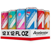 ACCELERATOR pack front view showing twelve 12oz cans and variety benefits