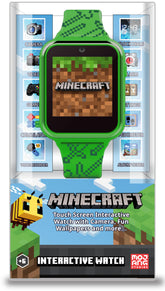 Accutime Minecraft watch front view showing themed face and clear touchscreen benefit