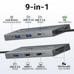 Acer dock angled left highlighting HDMI and USB ports to connect dual monitors