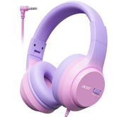 Acer front view of pink purple kids headphones showing design and secure fit benefit