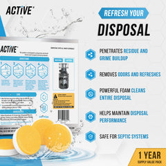 ACTIVE disposer tablet close-up showing deodorizing and residue removal