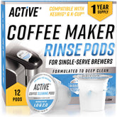 ACTIVE front packaging showing 12-pack cleaner pods improving brew quality
