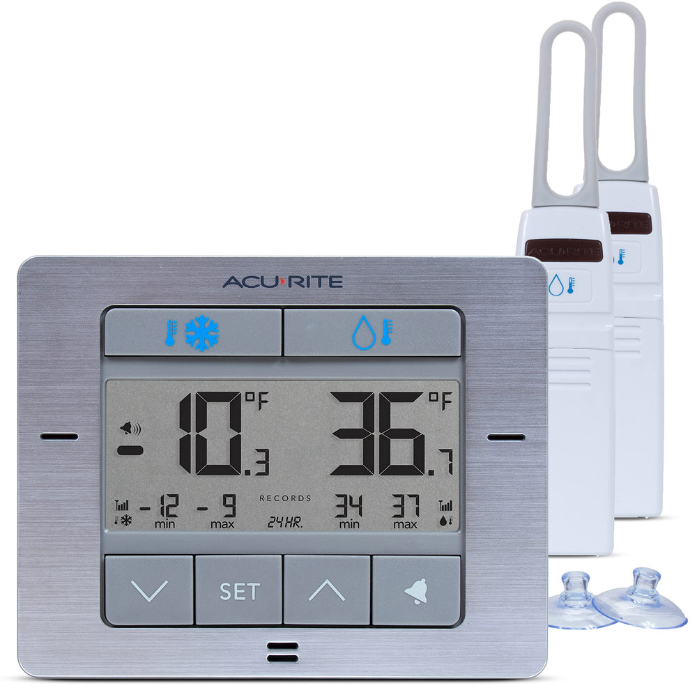 AcuRite display front view showing dual temperature readouts and alarm indicators for quick monitoring