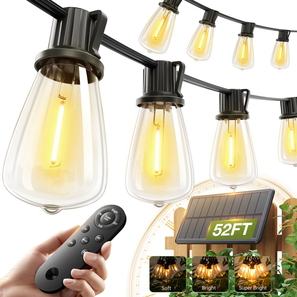 addlon front packaging showing complete 52ft solar string lights kit and contents