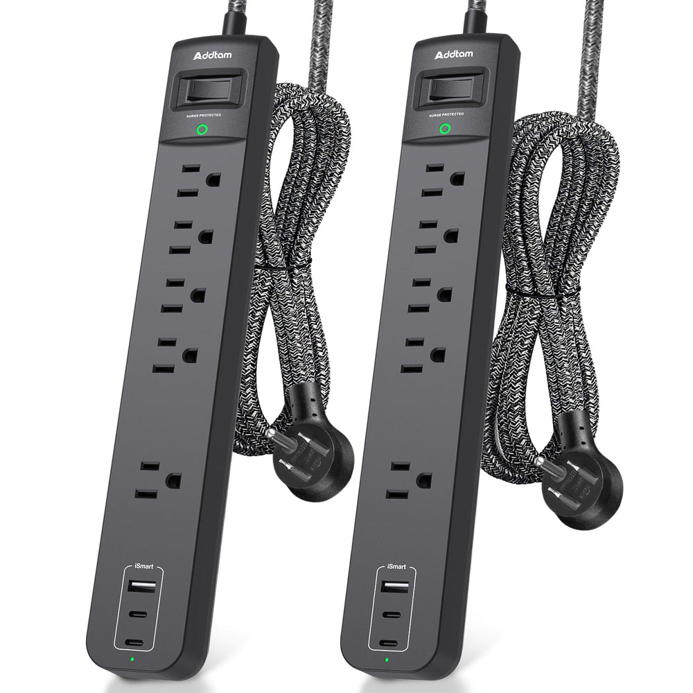 Addtam front view showing five widely spaced outlets for easy device access