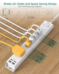 Addtam close-up of widely spaced outlets and four USB ports enabling large adapter use