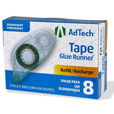 AdTech refill front packaging showing eight clear tape rolls and benefits