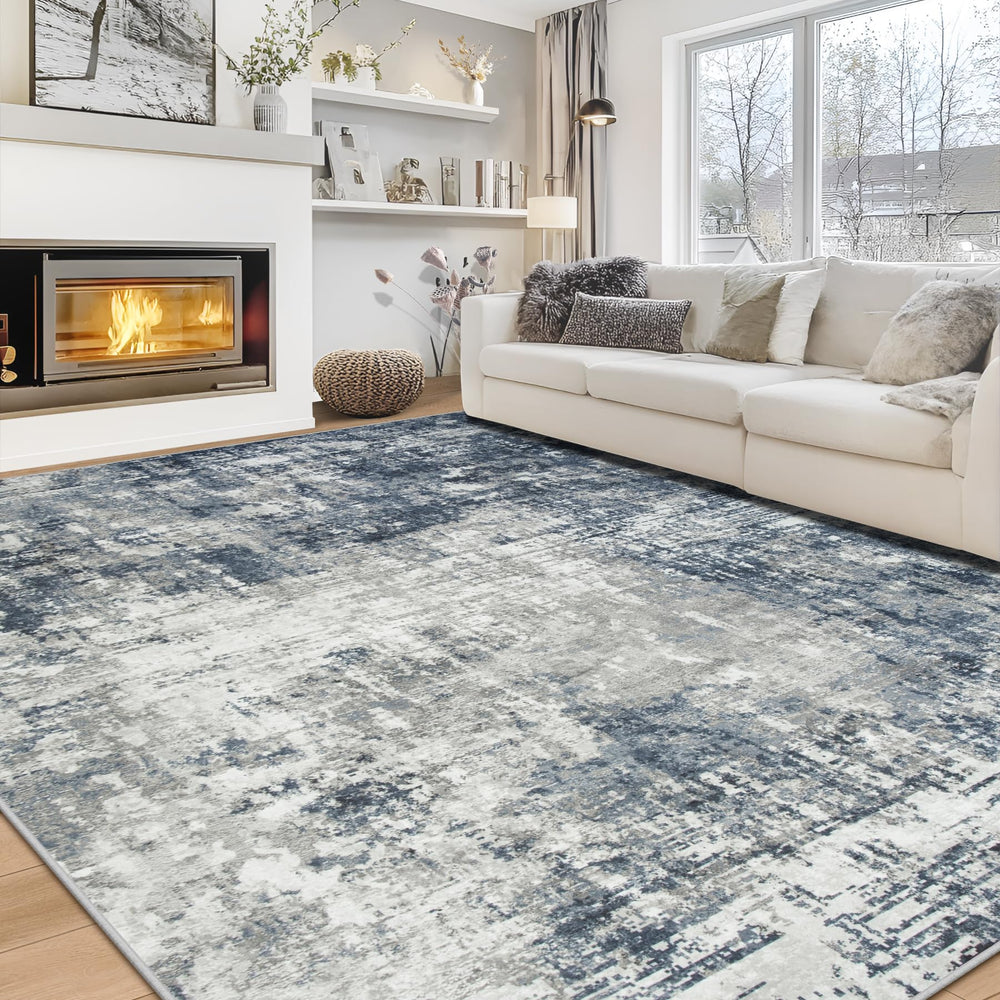 Aelenmu front view of 8x10 blue grey rug showing neutral design and calm tone