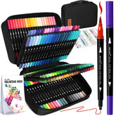 Aen Art front packaging showing 120 dual tip pens and pouch, quick-start benefit