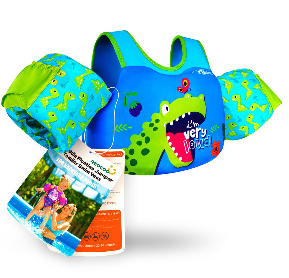 AEOCOO front view of toddler swim vest showing secure fit and bright colors