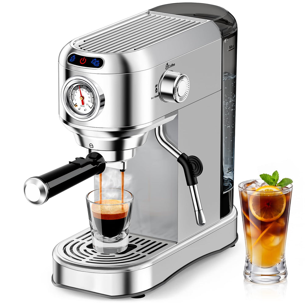 AERCANA front view stainless steel espresso machine showing compact design and controls for convenience
