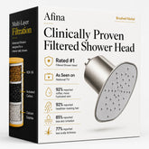 Afina shower head front view showing brushed nickel finish and durable design benefits