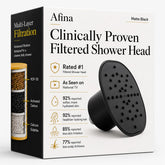Afina matte black shower head front view showing sleek design and improved water quality