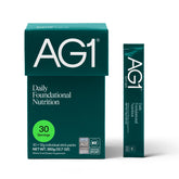AG1 travel pack front pouch showing branding and convenience benefits