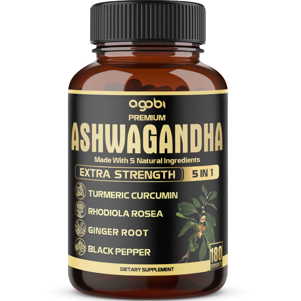 agobi front bottle showing 5in1 ashwagandha blend and long supply benefit