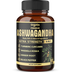 agobi front bottle showing 5in1 ashwagandha blend and long supply benefit