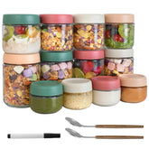 Agotglmi front view of 12-pack glass jars showing all sizes and lids, neat storage benefit
