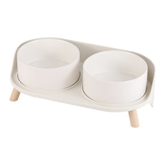 AHX front view elevated bowl set showing clean white ceramic and stand benefit tidy meals