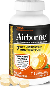 Airborne front packaging showing bottle and citrus chewable tablets for easy identification