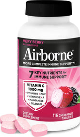 Airborne front packaging showing very berry chewable tablets and benefits