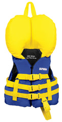 Airhead infant life jacket front view in blue showing secure fit and high visibility