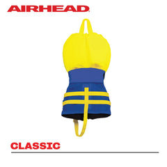 Airhead infant life jacket on child aboard boat demonstrating easy grab rescue handle
