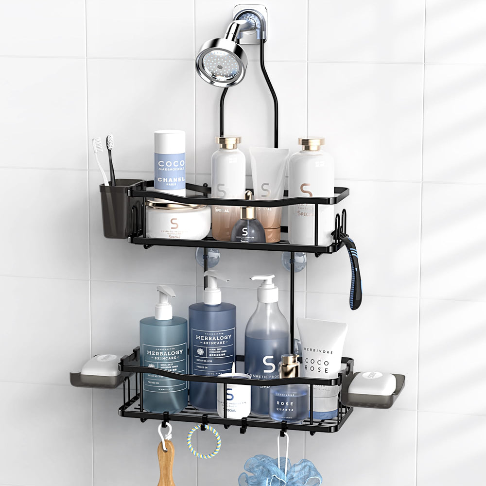 Aitatty front view hanging over showerhead, organized toiletries within reach