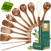 AIUHI front view of 10-piece teak utensil set showing organized tools and durability