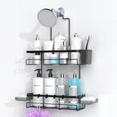 AKTECKE front view of hanging shower caddy showing organized toiletries and stability