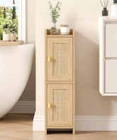 Akxomel front view oak cabinet showing slim profile and organized storage benefit