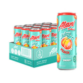 Alani Nu front can Juicy Peach showing bright label and zero-sugar benefit