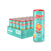 Alani Nu front can showing Juicy Peach flavor and vibrant design, inspires energetic refreshment