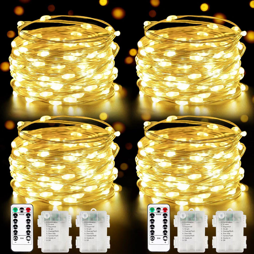 Albelt front packaging showing four 33ft warm white strings and two remotes for easy setup