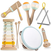 Aliex front view of wooden musical instrument set showing safe design and benefits
