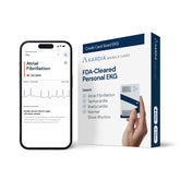 AliveCor KardiaMobile Card front view showing device and credit-card size benefit