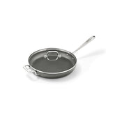 All-Clad HA1 12-inch fry pan front view showing sleek black finish and flared sides for easy flipping