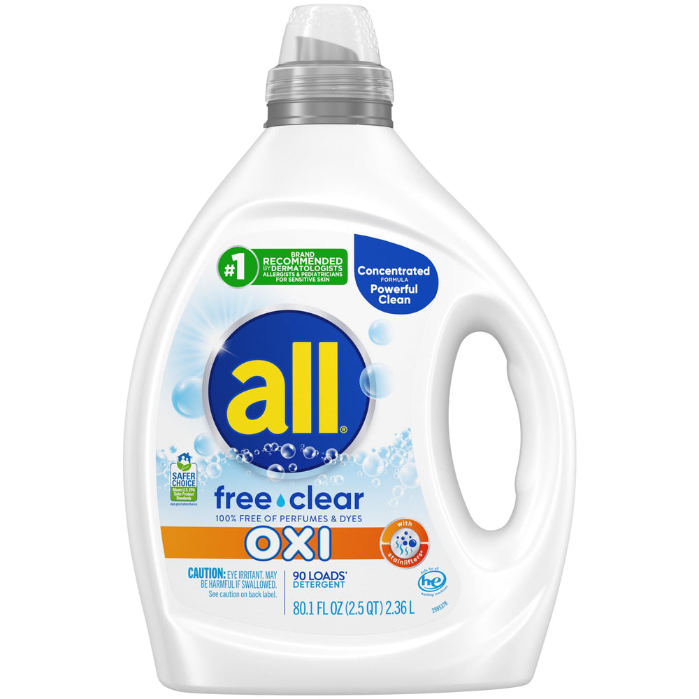 all free clear front label showing unscented and OXI benefits for sensitive skin