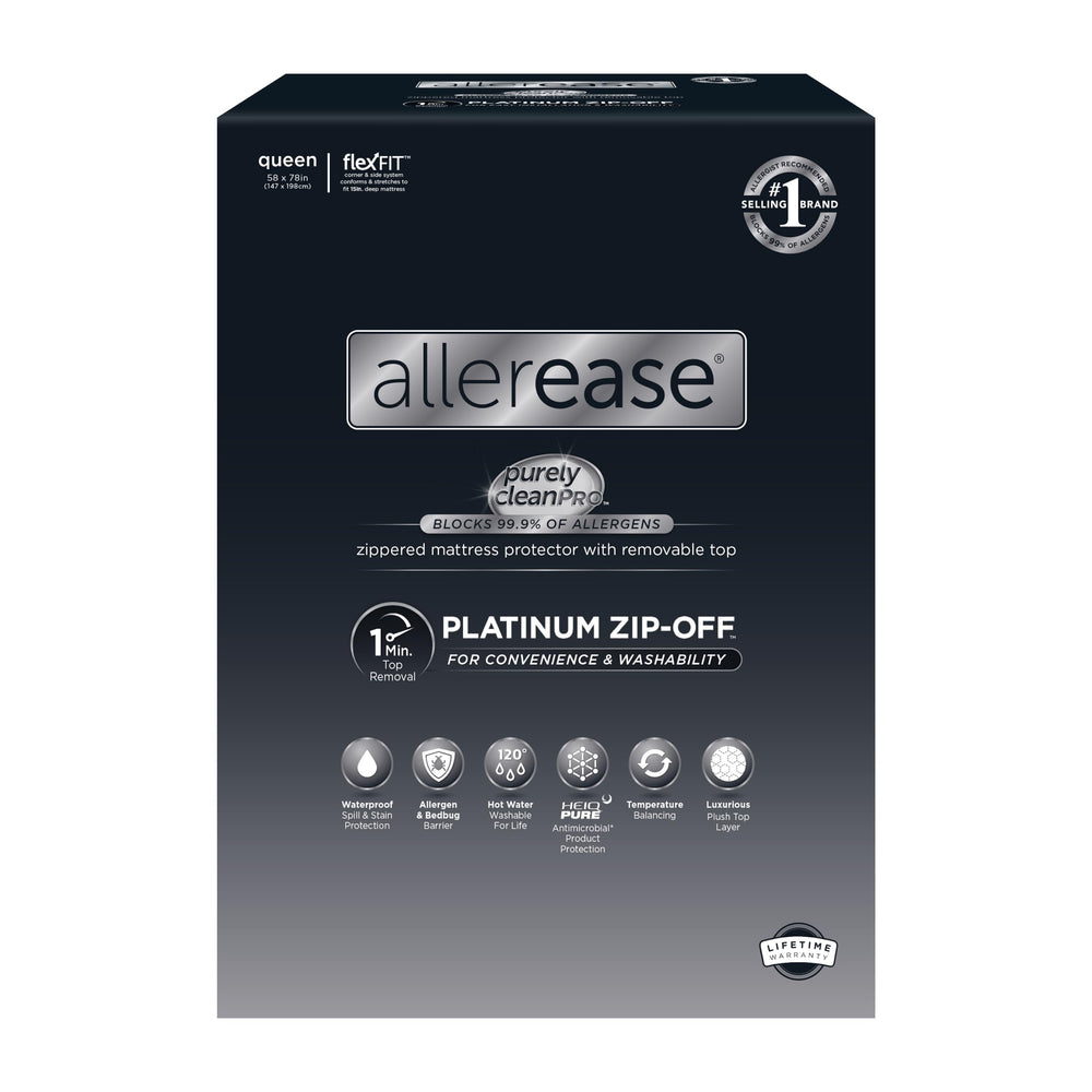 Aller-Ease front view of queen zip-off protector showing fitted look and comfort benefit